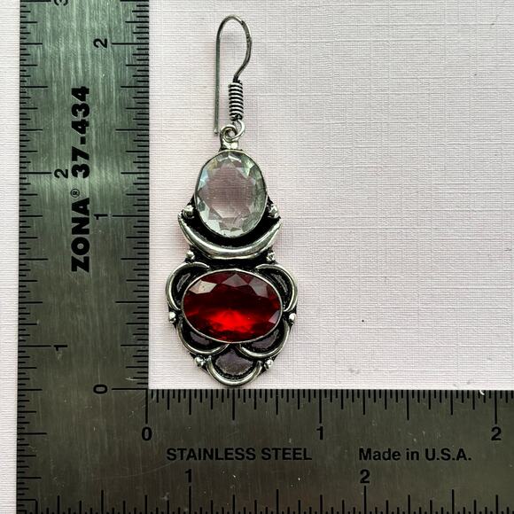 925 Sterling Garnet & White Topaz Dangle Earrings - Picture 5 of 6